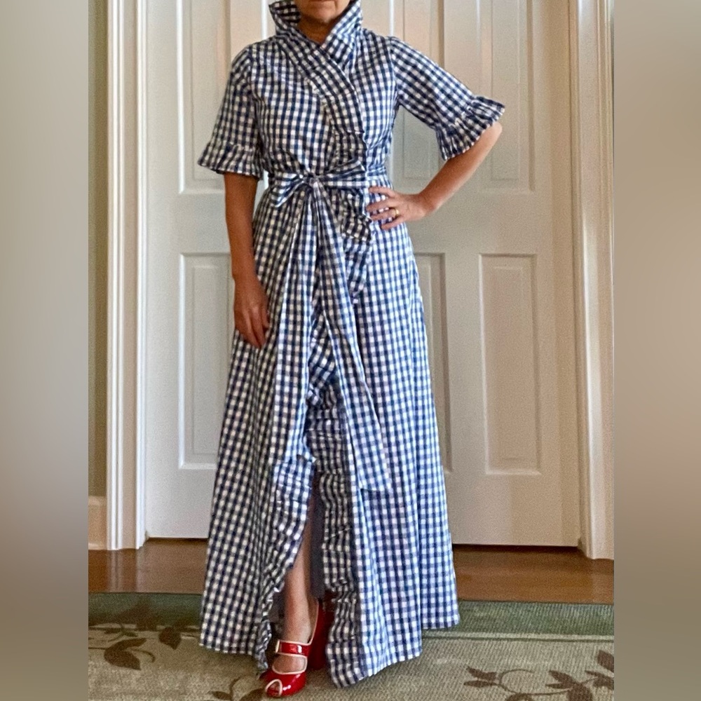 Anne Claire Ruffle Wrap Maxi Dress by Elizabeth Wilson Designs in blue gingham.